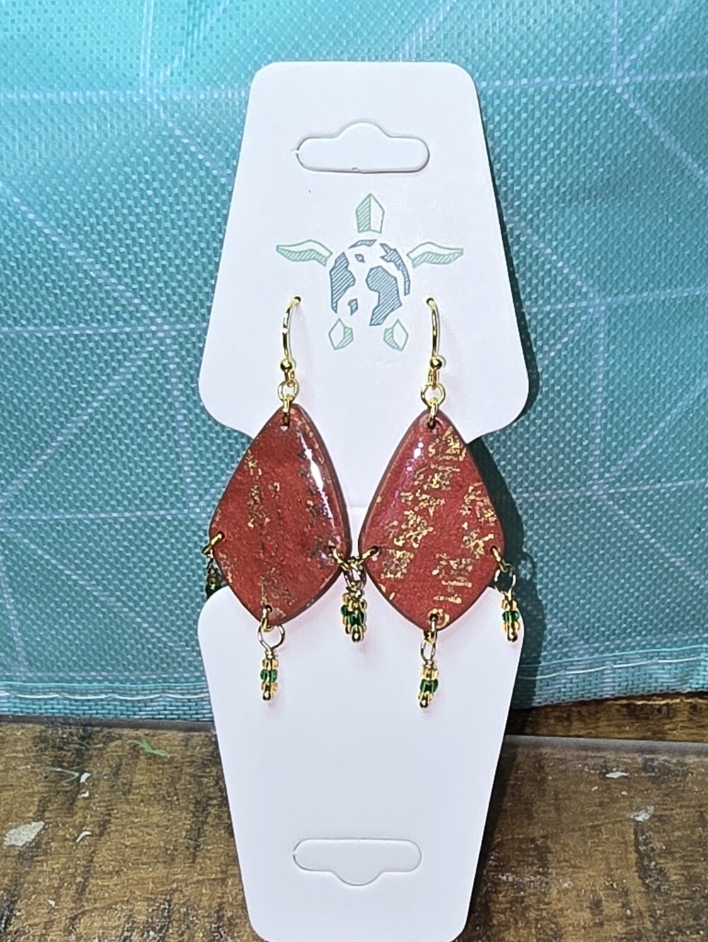 Red Drop Earrings with Gold & Green cameleon Asian Inspired Script
